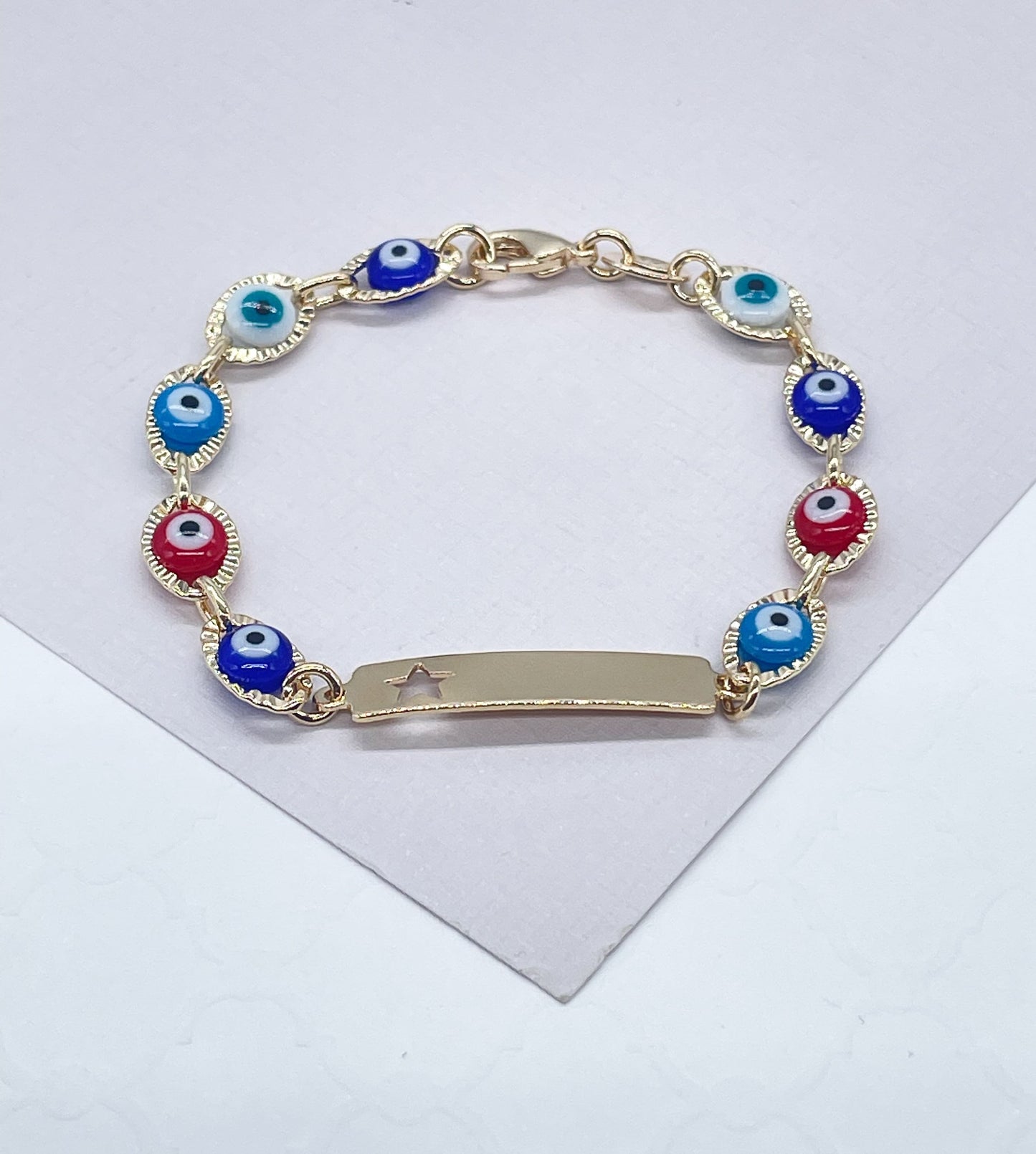 18k Gold Filled Beaded Evil Eye ID Children Bracelet With Star