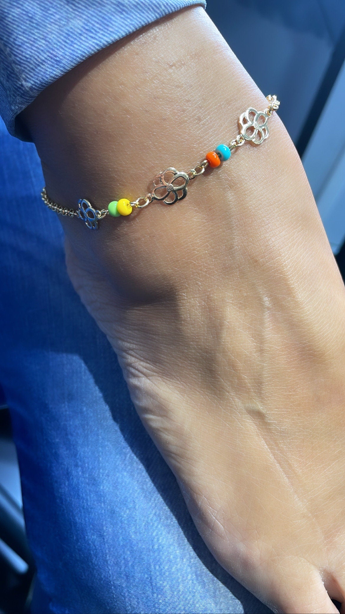 18k Hold Filled Rolo Chain Anklet With Colorful Beads and Flower Charms Attached