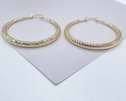 18k Gold Filled Hoop Earrings: Ocean Wave Texture, 50mm