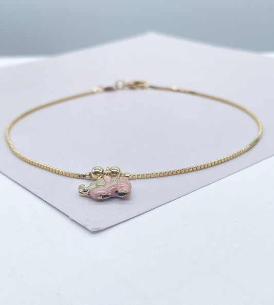 18k Gold Filled Box Chain Anklet With Pastel Colored Elephant Charm