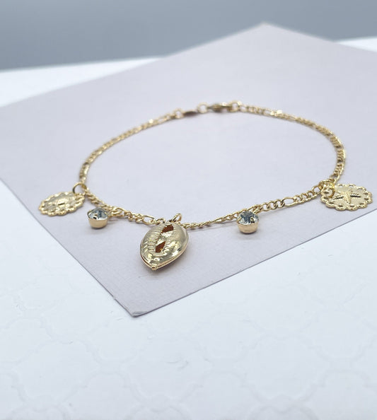 18k Gold Filled Figaro Chain Anklet With Ocean Animal Charms & Conch shell