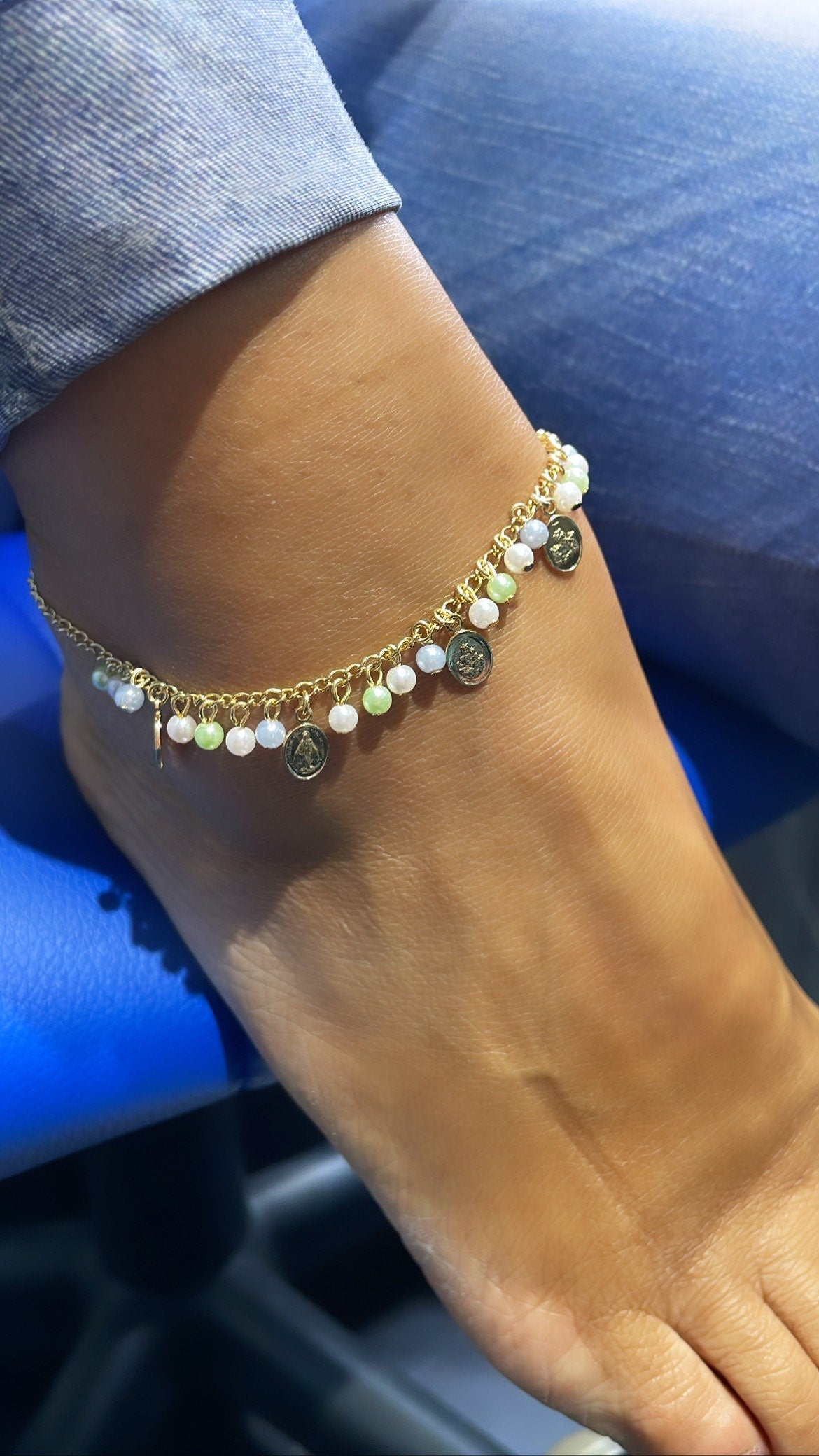 18k Gold Filled Dainty Anklet With Pastel Bead Charms and Small Virgin Mary Medals