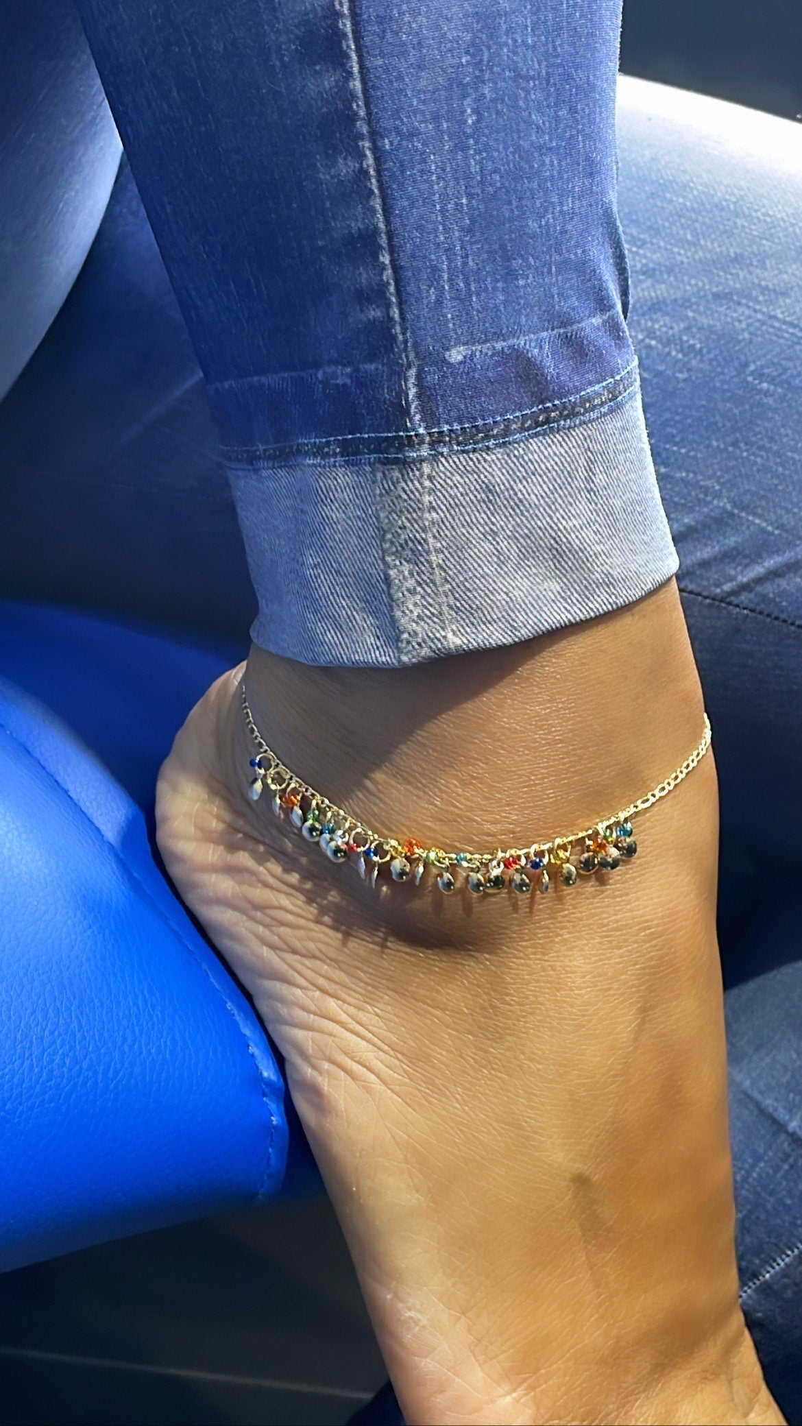 18k Gold Filled Figaro Charm Anklet With With Multi-Colored Small Beads and Flat Gold Charms