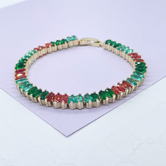 18k Gold Filled Jade Colored Baguette Zirconia Stone Bracelet With touches of Bright Red