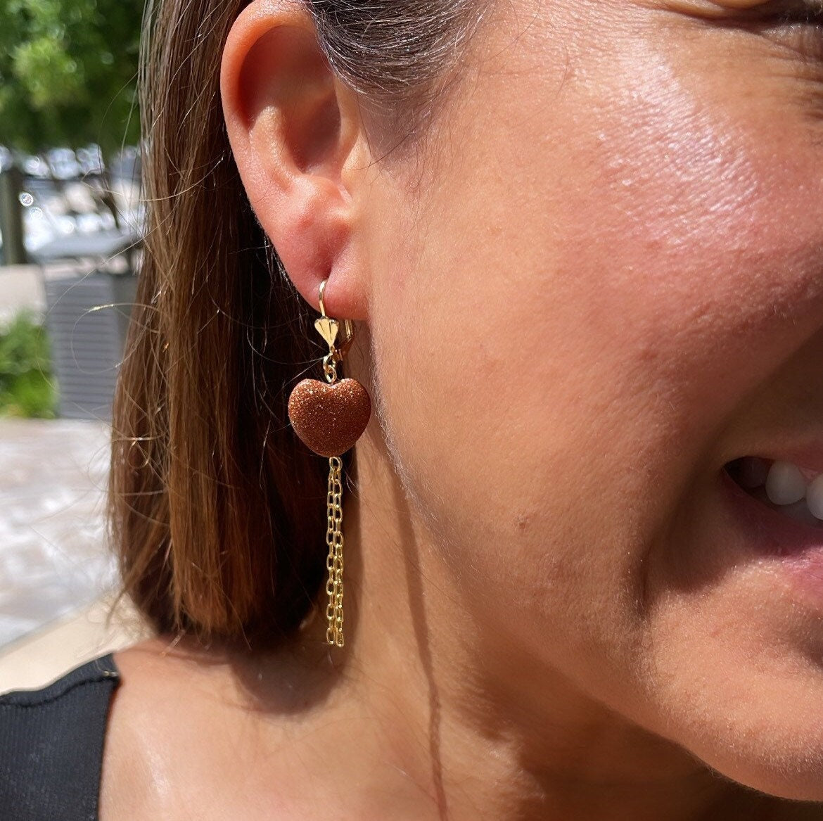 18k Gold Filled Heart Shaped Venturina Drop Earrings, Goldstone Earrings, Brown Stone Earrings