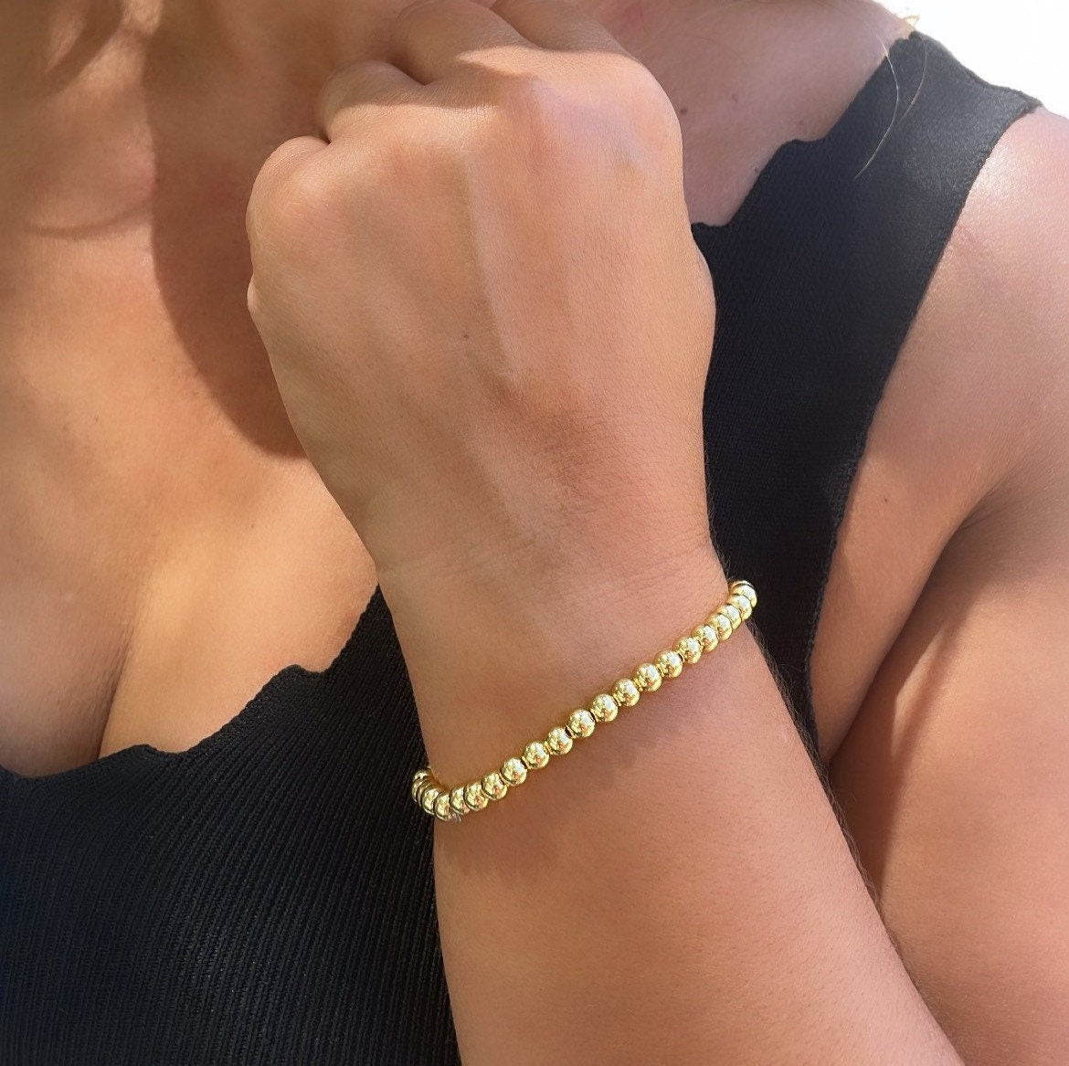 18k Gold Filled Elástic 5mm Beaded Gold Bracelet