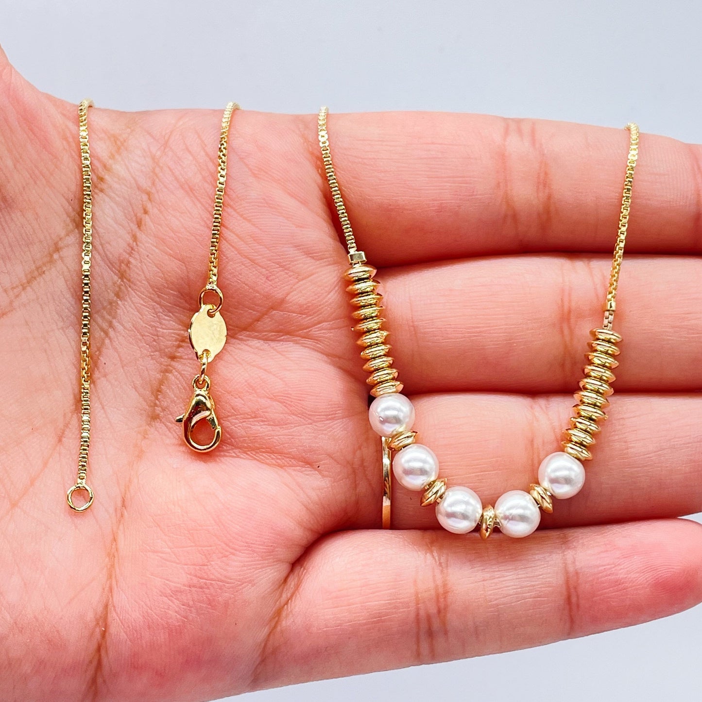 18k Gold Filled Delicate Pearl Set With Puffy Disks and Pearls