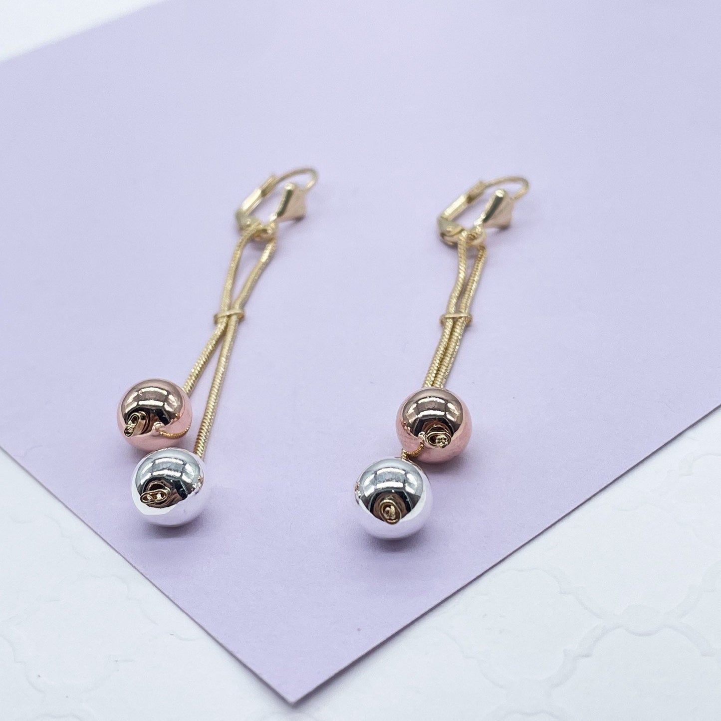18k Gold Filled Tri-Color and Plain Gold Dangle Beaded Earrings