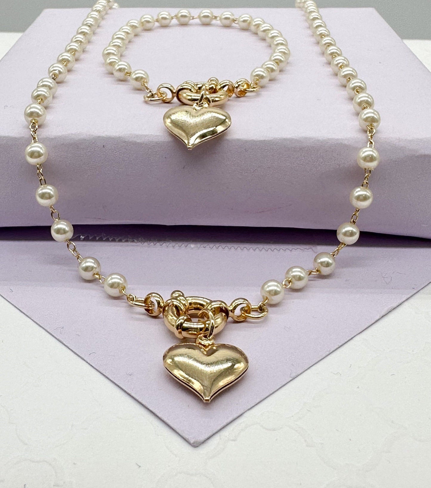 18k Gold Filled Kids Pearl Choker with Heart Pendant Set
