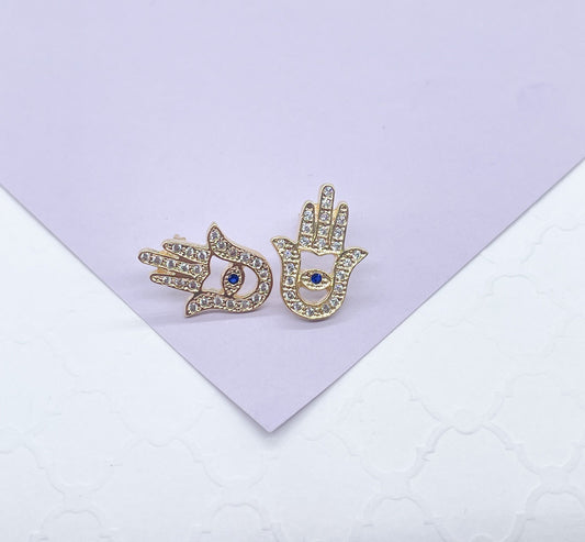 18k Gold Filled Hamsa Earring With Blue Evil Eye