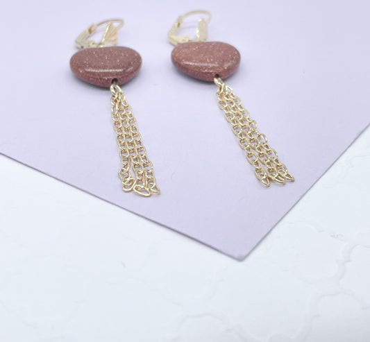 18k Gold Filled Heart Shaped Venturina Drop Earrings, Goldstone Earrings, Brown Stone Earrings