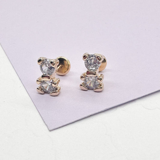 18k Gold Filled Zirconia Teddy Bear Earrings