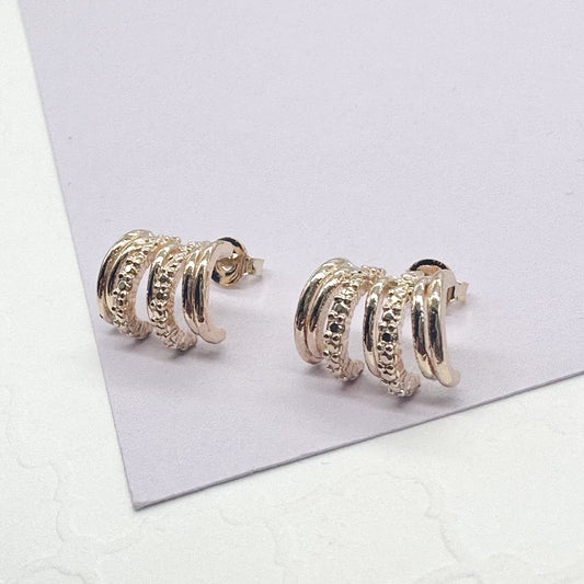 18k Gold Filled Gold Row Earrings With Patterned Lines