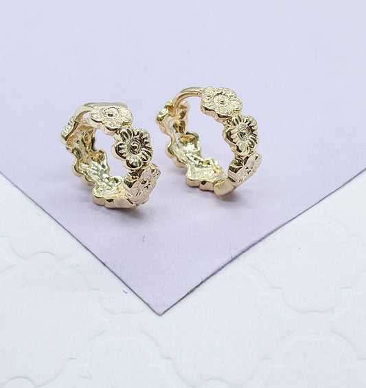 18k Gold Filled Flower Engraved Huggie Earrings