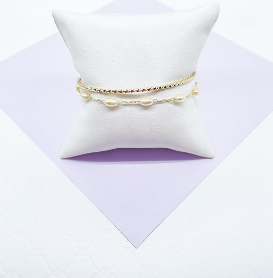 18k Gold Filled Double Bracelet with Cuff Bangle & Dainty pearl Satellite Bracelet