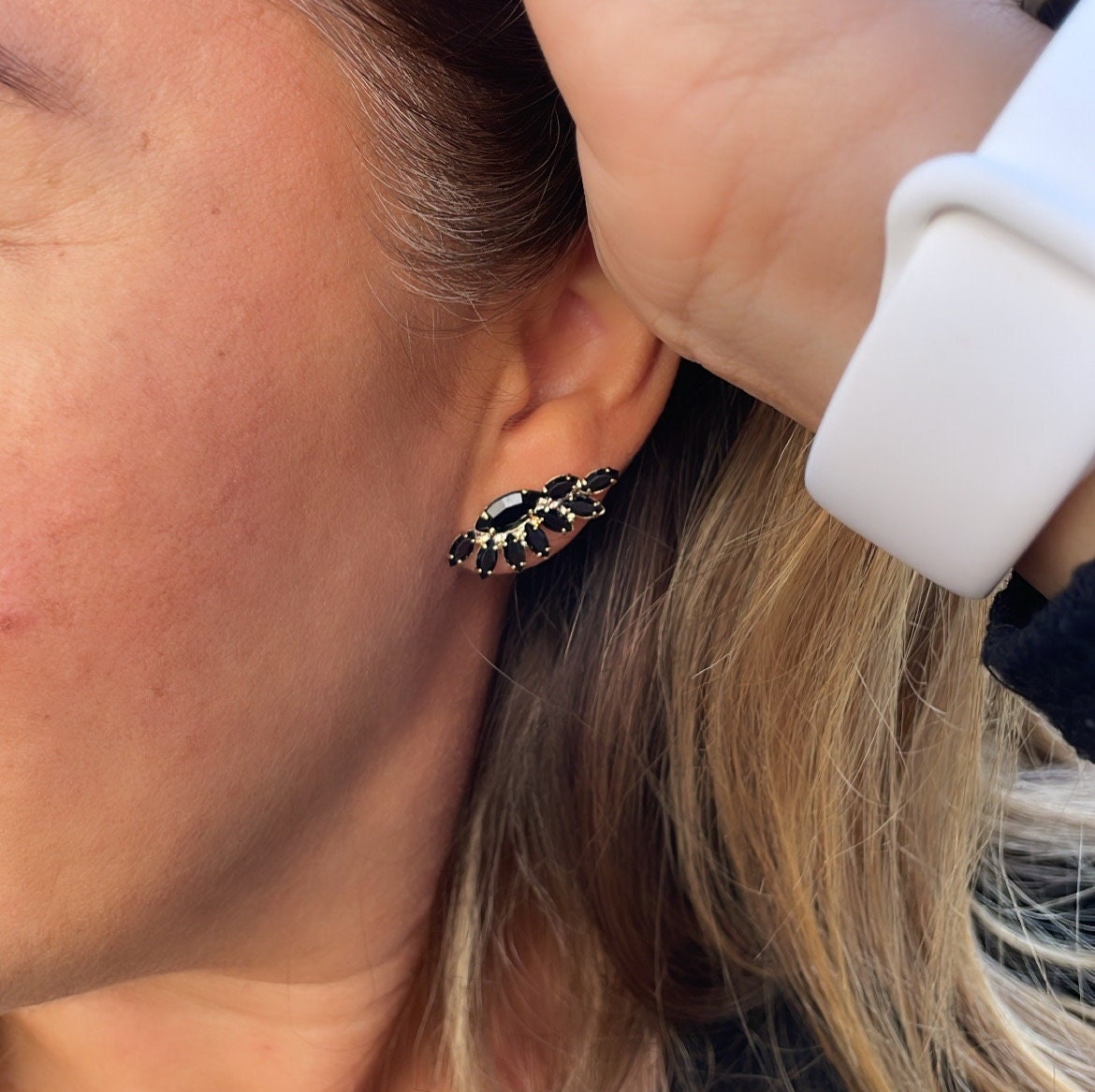 18k Gold Filled Wing Designed Earring With Black Stones