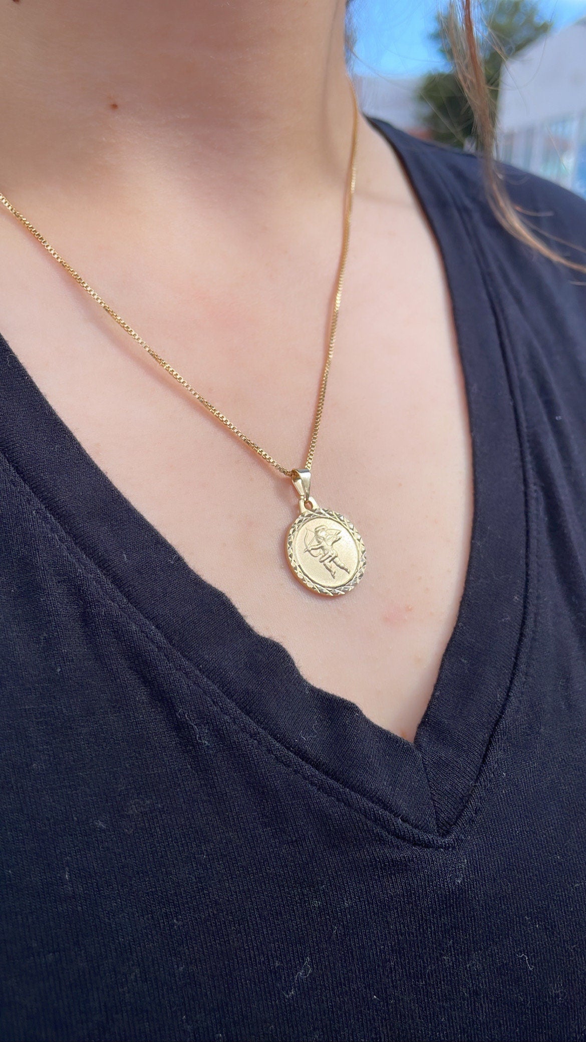 18k Gold Filled Medallion Charm Pendant With engraved Angel in Center