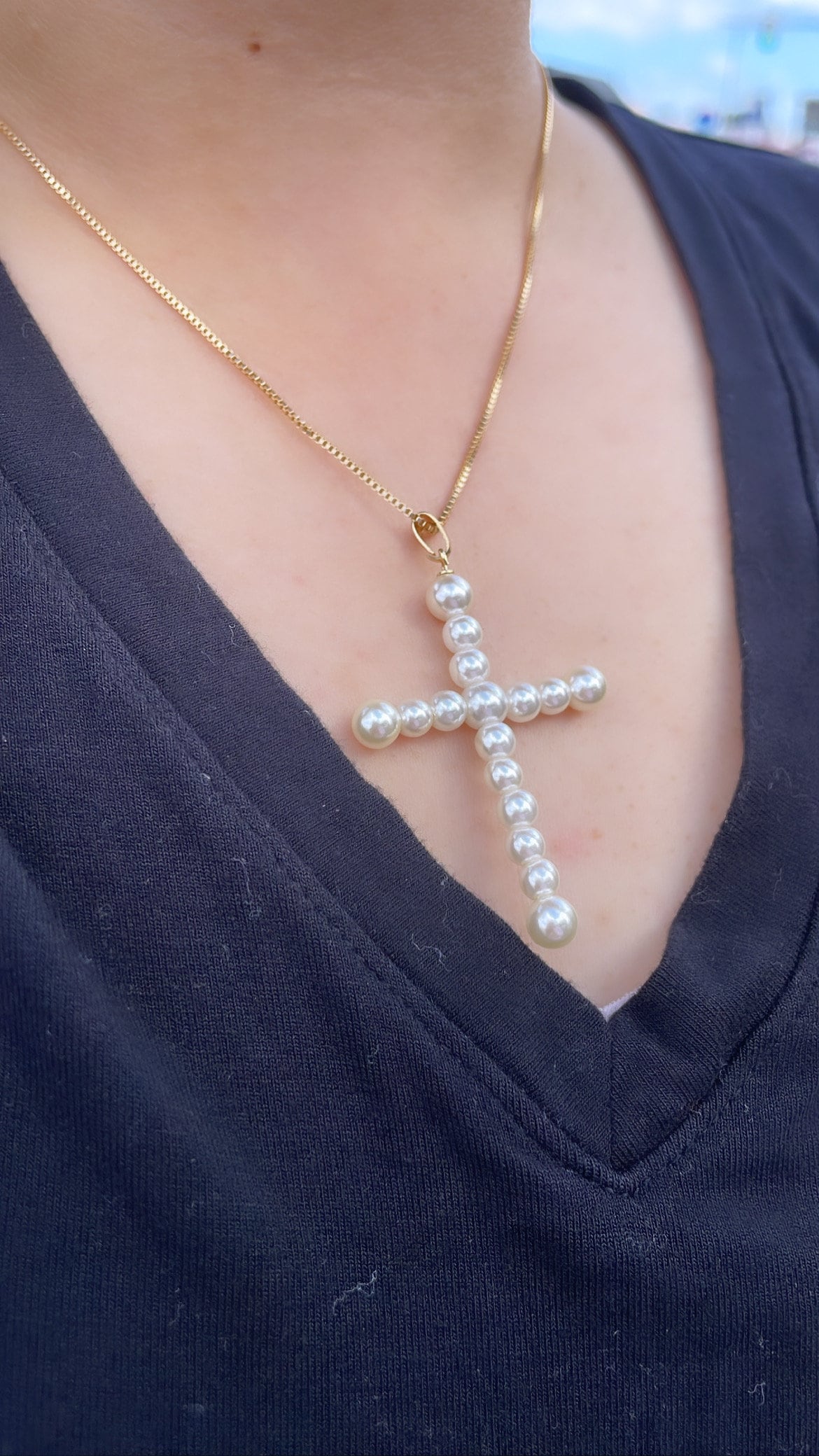 18k Gold Filled Faux all around Pearl Style Cross Pendant in two sizes