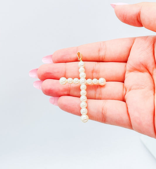 18k Gold Filled Faux all around Pearl Style Cross Pendant in two sizes