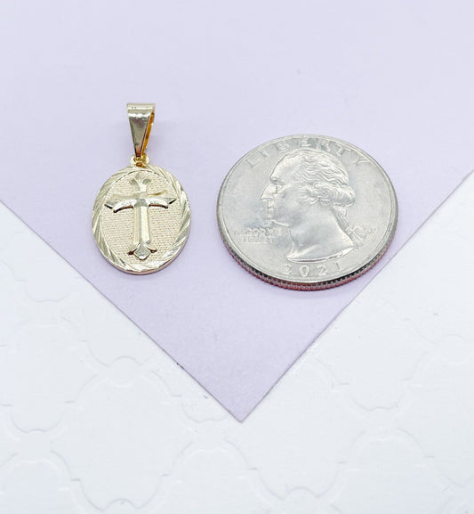 18k Gold Filled Oval Shaped Medallion Pendant With Engraved Cross In Center