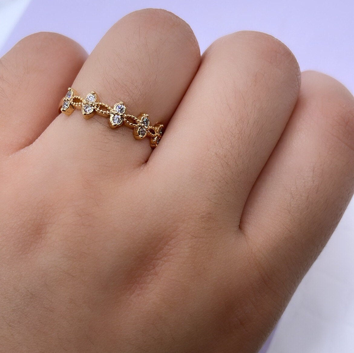 18k Gold Filled Dainty Ring with Pattern CZ Stones