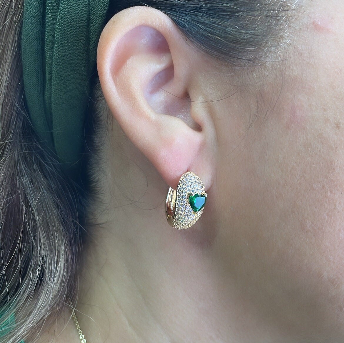 18k Gold Filled Chunky Pave Huggies Earrings With 3 Different Colorful Stone in Center