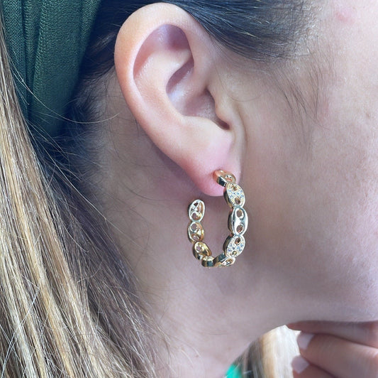 18k Gold Filled Open Puffy Mariner Link Hoop Earring Patterned With Pave Link Pieces