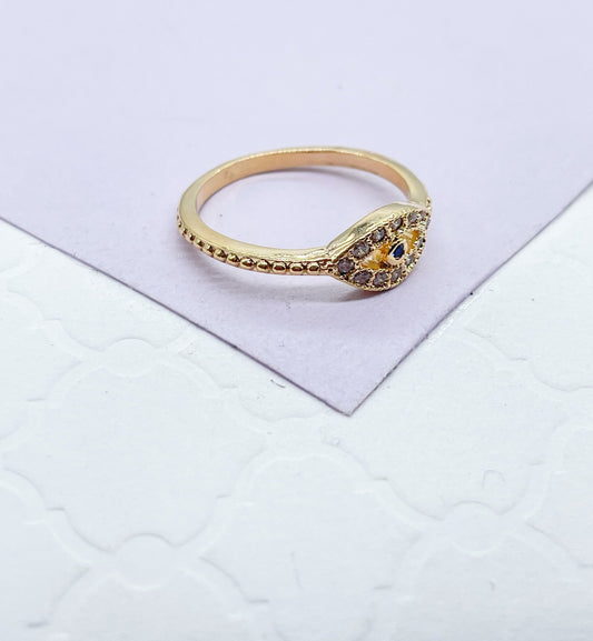 18k Gold Filled Pave Evil Eye Ring With Blue Stone Center