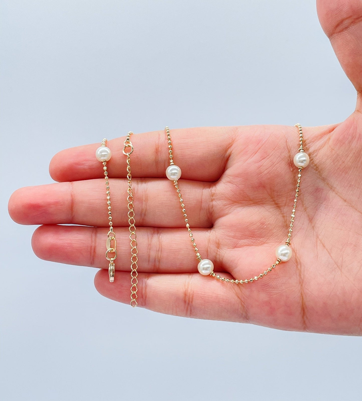 18k Gold Filled Pearl Necklace Bracelet Set: Shinny Ball Chain