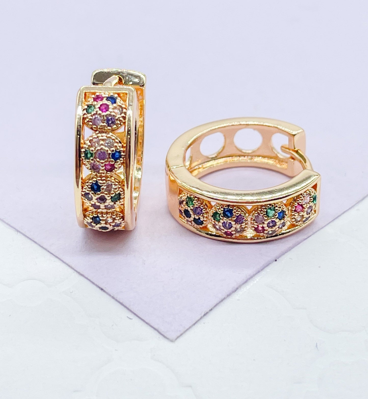 18k Gold Filled Round Colorful CZ 3-D Huggie Hoop Earrings
