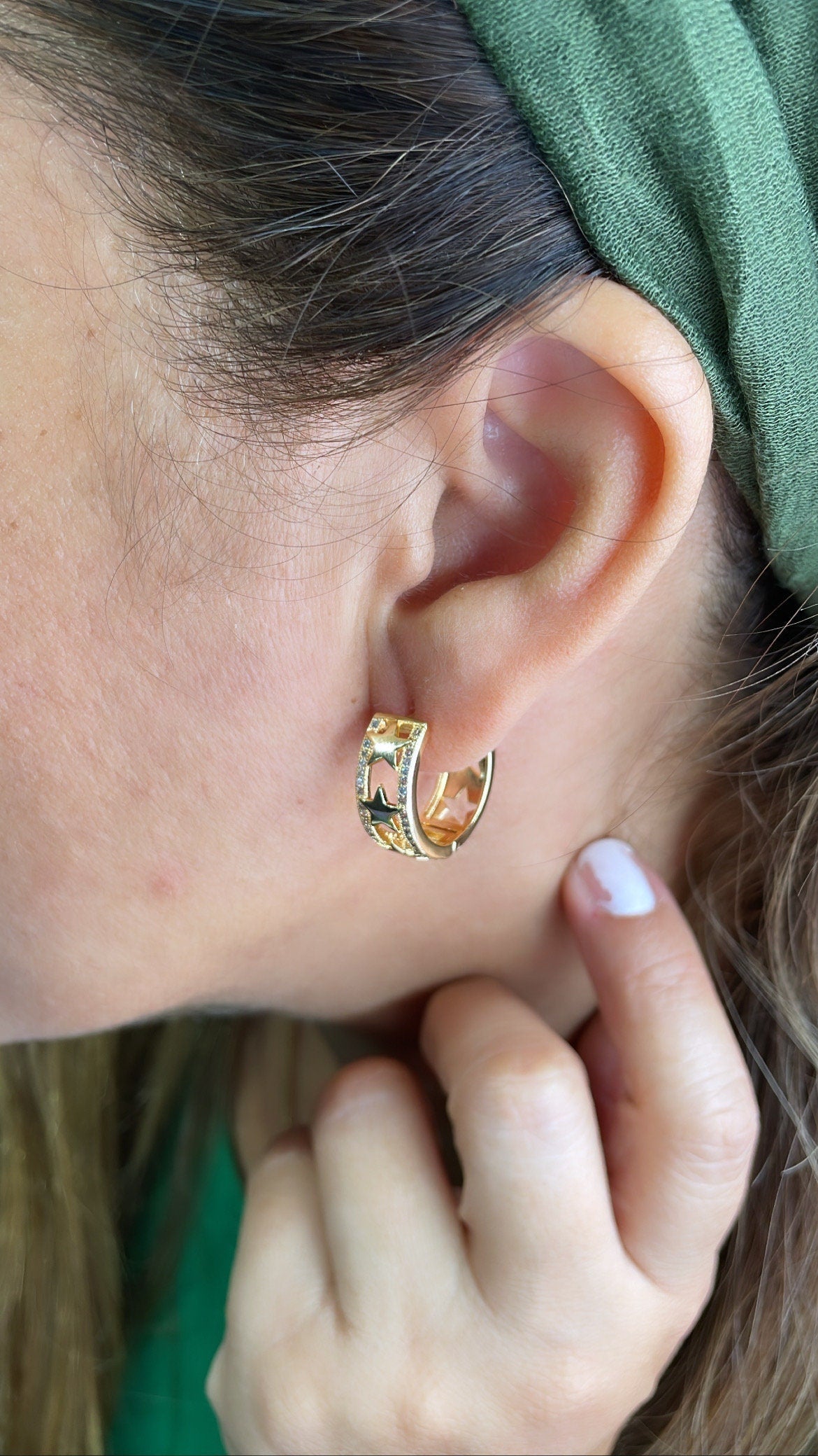 18k Gold Filled Plain Star Huggie With Rows of CZ Stones