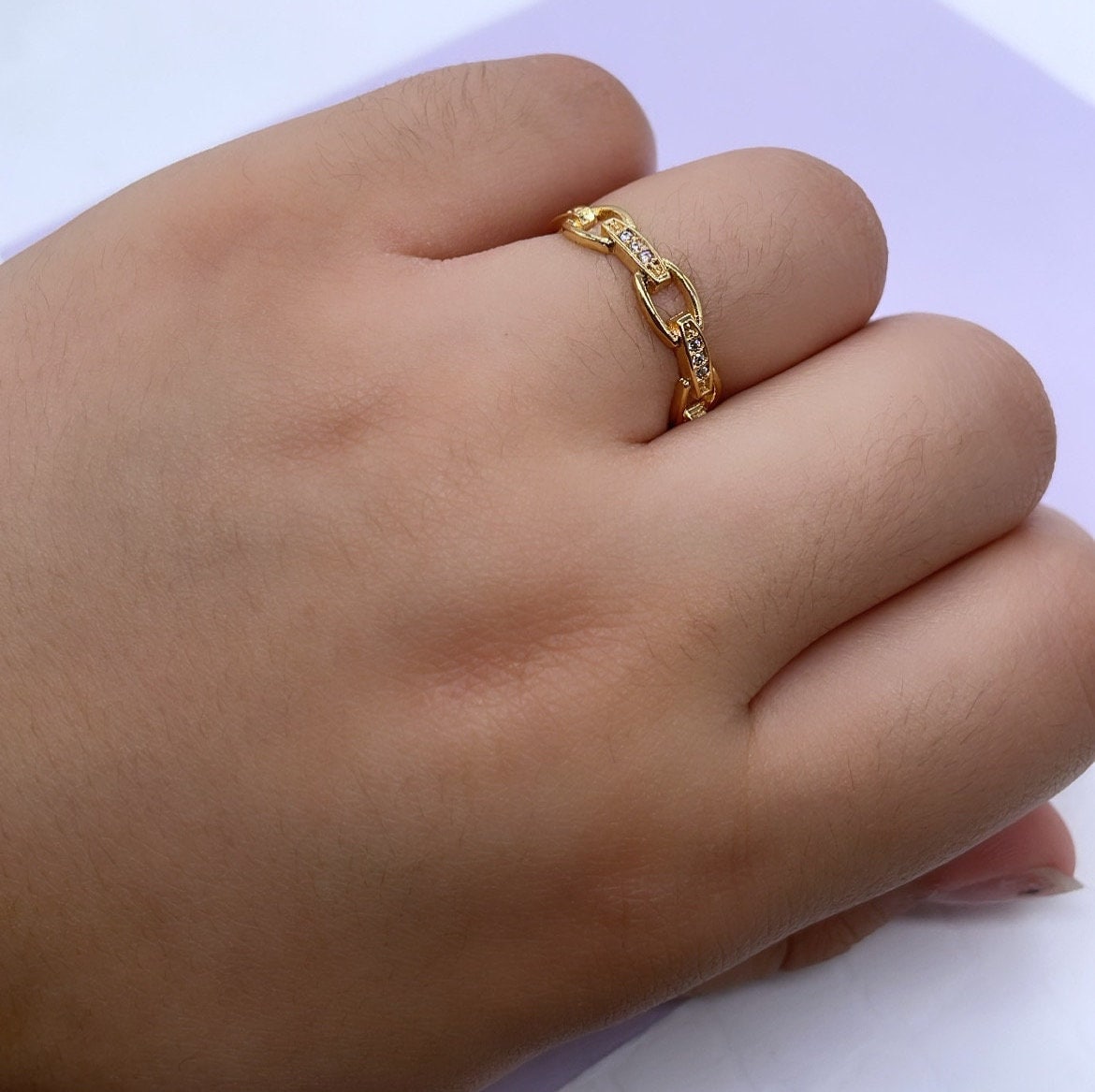 18k Gold Filled Pave Link Ring with Smooth Band on Back