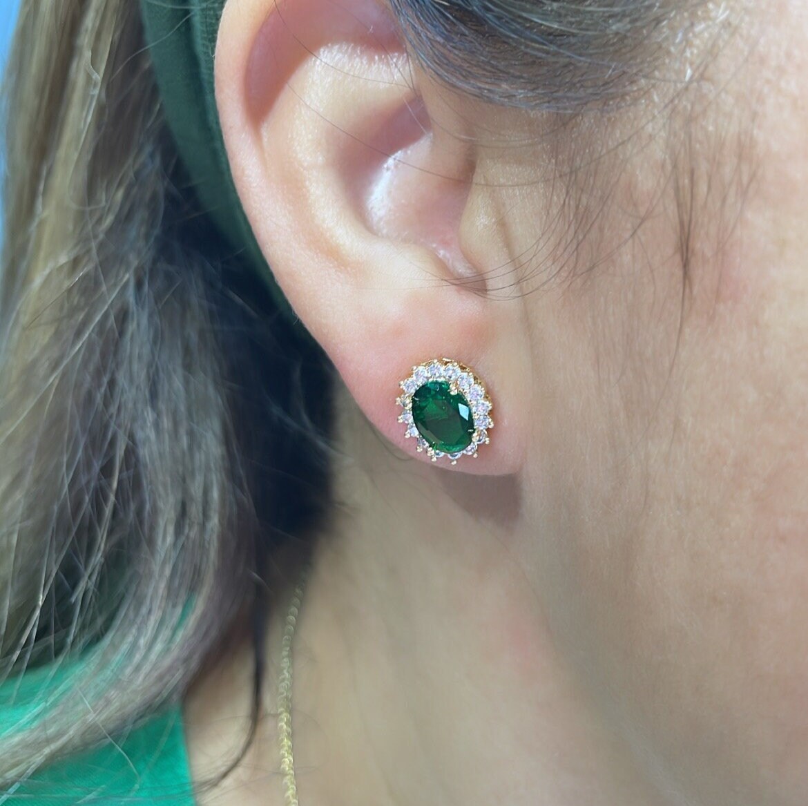 18k Gold Filled Emerald Green Stud Earring Crowned with White CZ Stones