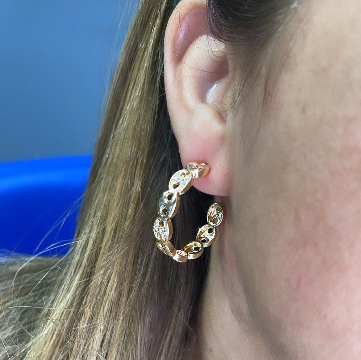 18k Gold Filled Open Puffy Mariner Link Hoop Earring Patterned With Pave Link Pieces