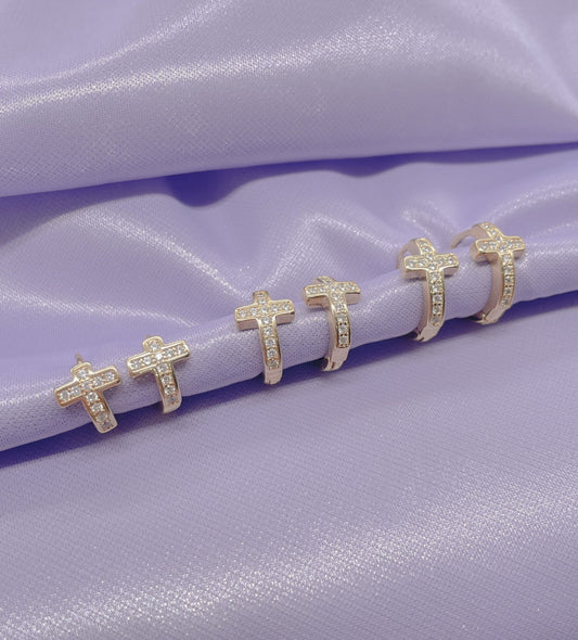 18k Gold Filled Trio Cross Huggie Earrings