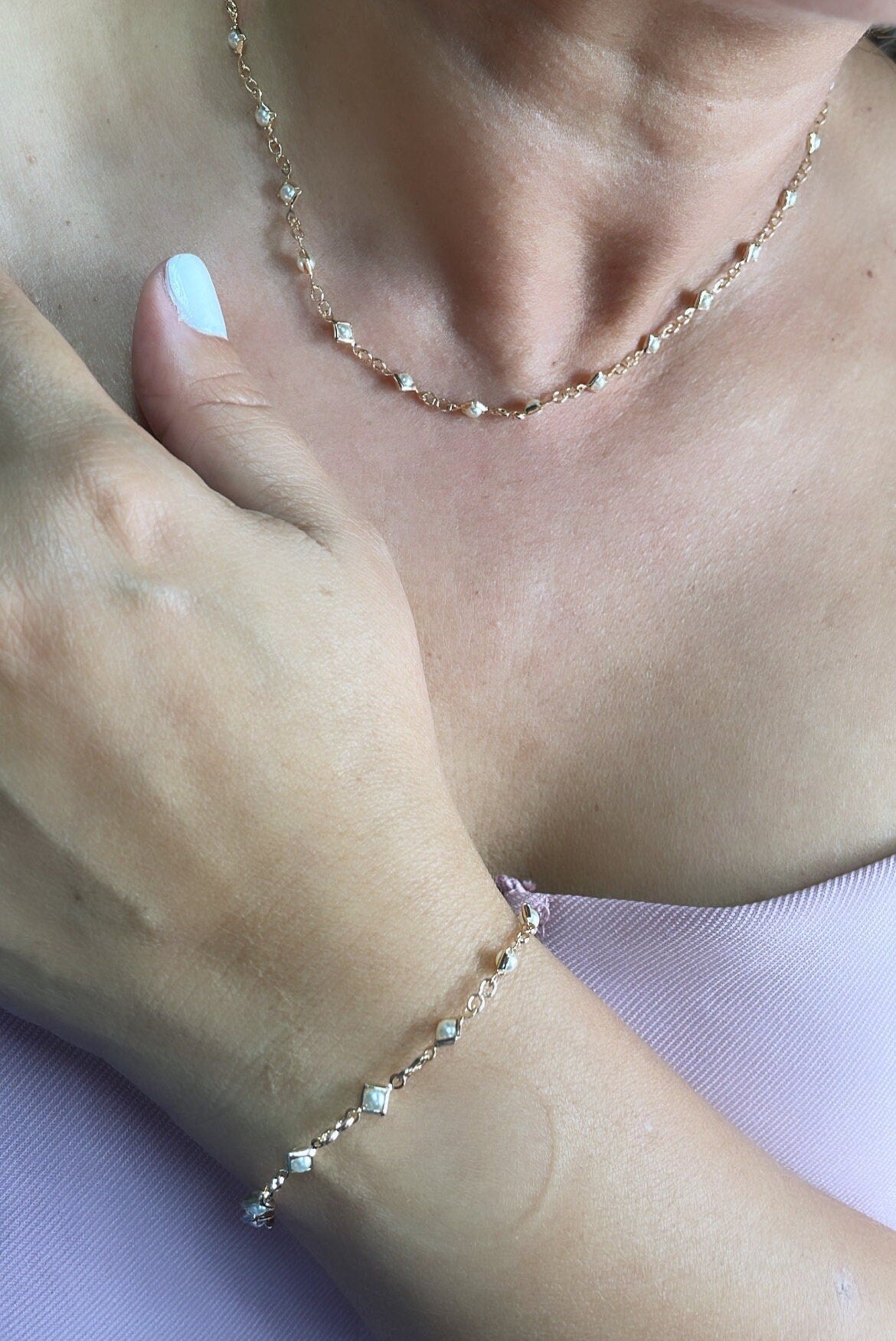 18k Gold Filled Diamond Shaped Gold Guard With Small Round Pearl Set