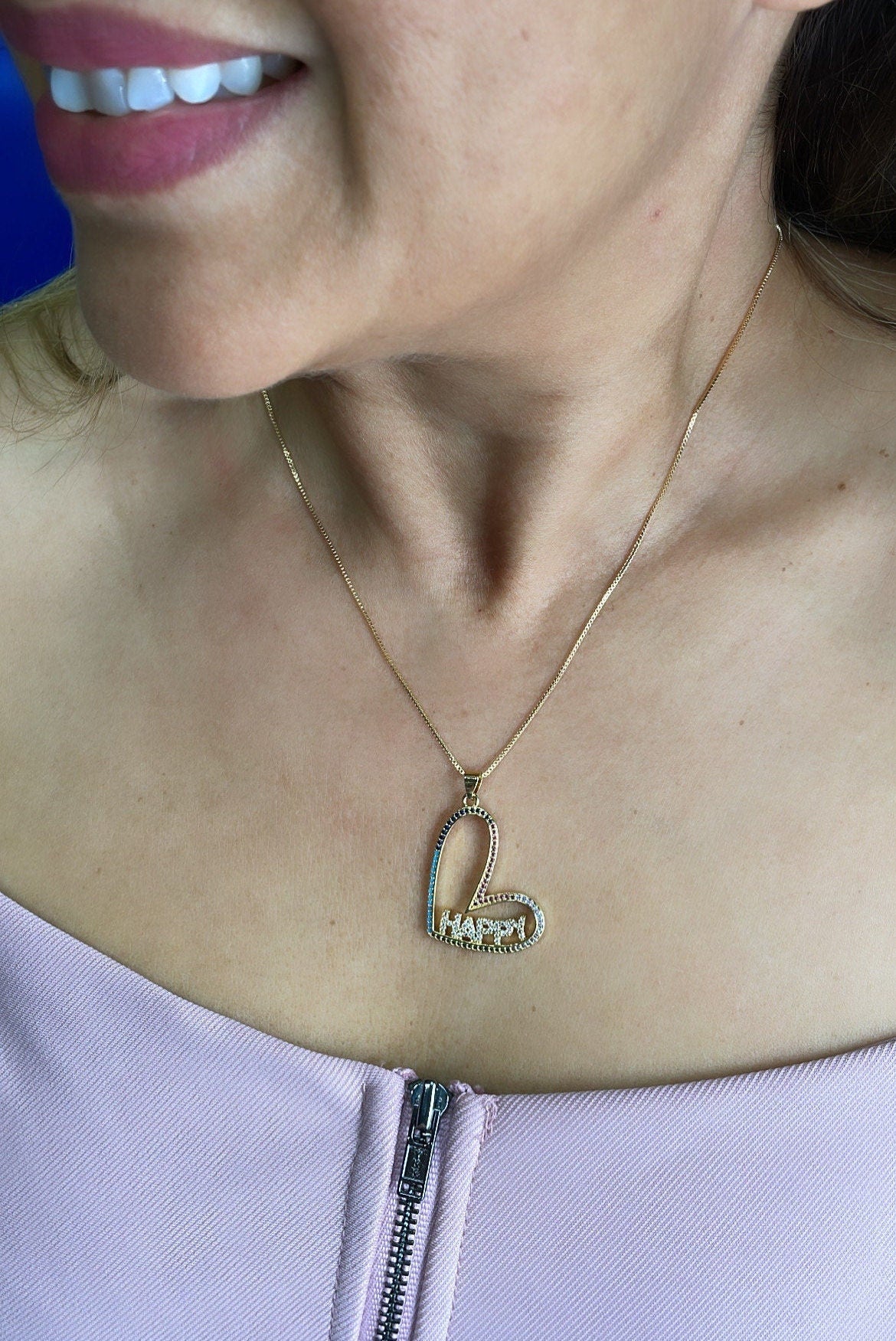 18k Gold Filled Colorful Heart Necklaces With Love, Hope and Happy