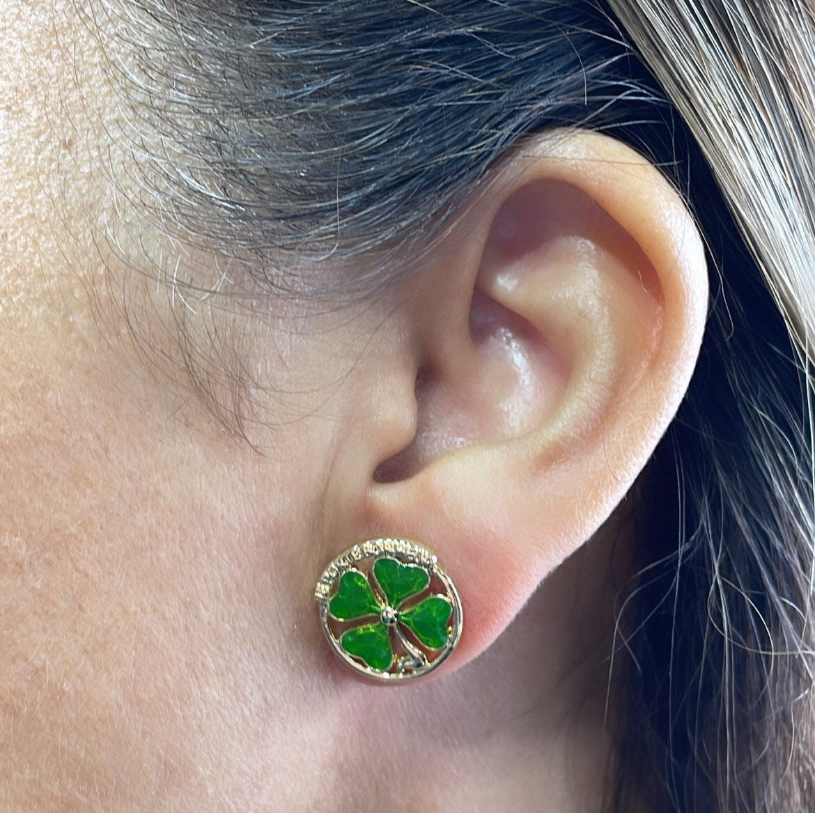 18k Gold Filled Green 4-Leaf Clover Stud Earring