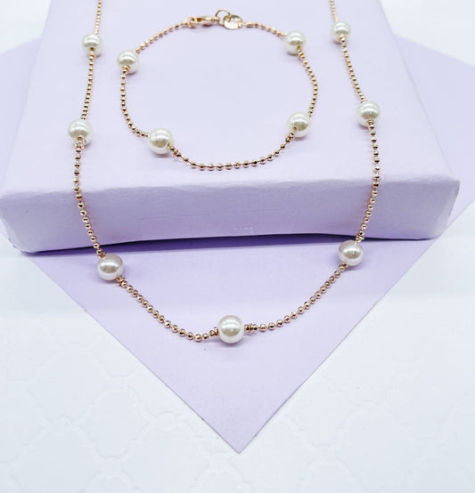 18k Gold Filled Pearl Necklace Bracelet Set: Shinny Ball Chain