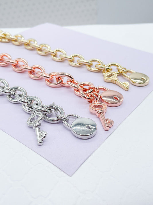 Chunky 18k Gold Filled Lock Heart And Key Bracelet Available in Gold, Rose Gold and Silver Featuring Thick Link Chain