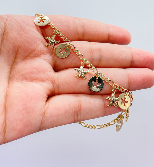 18k Gold Filled Figaro Link Anklet With Star Fish Charms