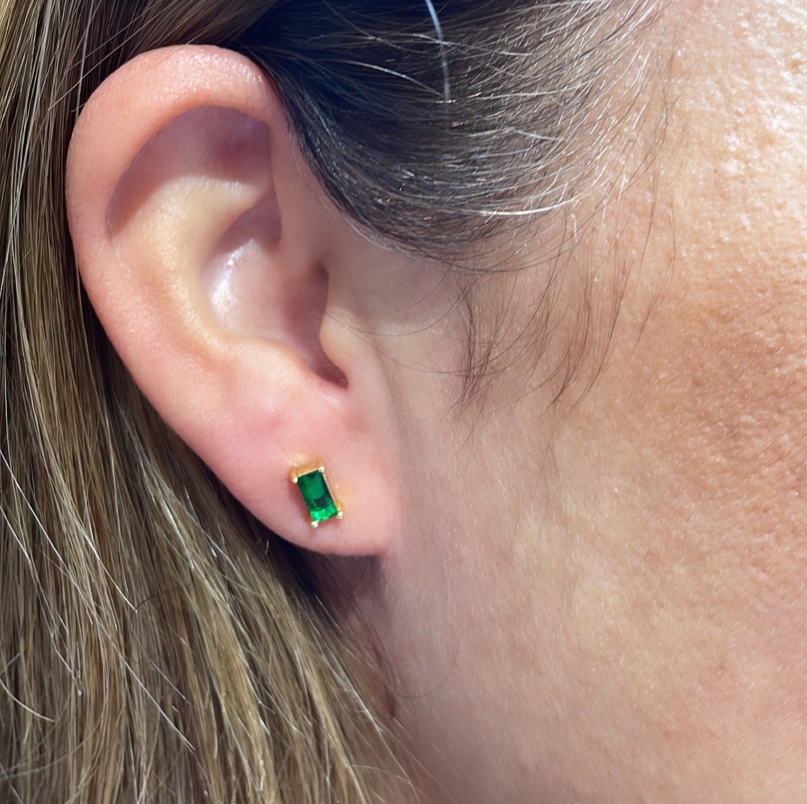 18k GoldFilled Baguette Tiny Emerald Stud