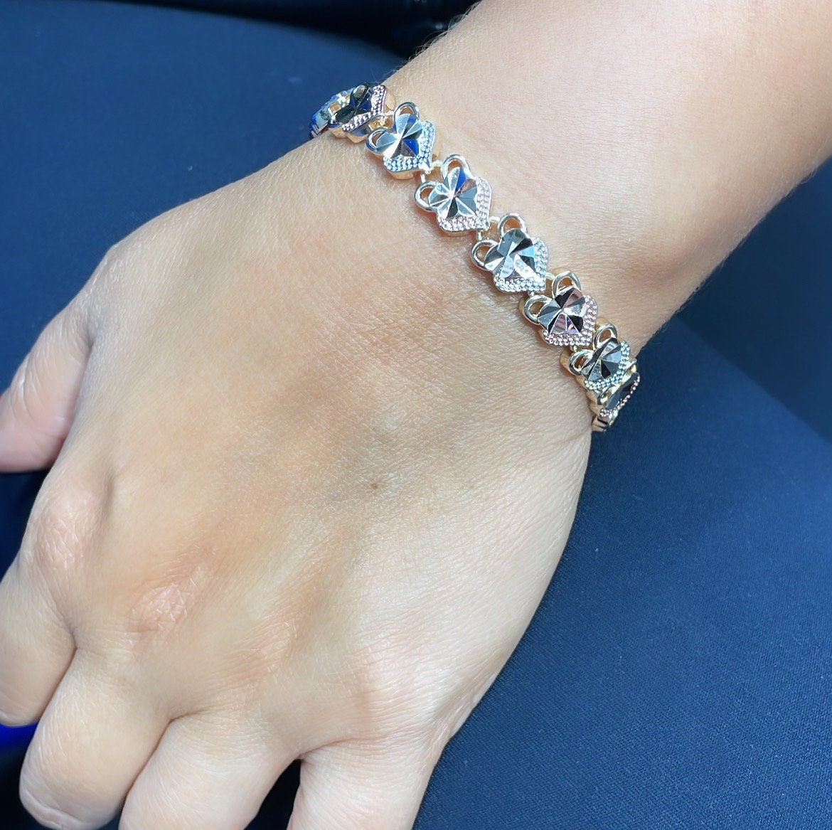 18k GoldFilled Tri-Colored Diamond Cut Heart Bracelet