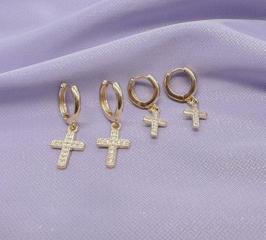 18k Gold Filled 2 Dangling Pave Cross Hoop Earrings