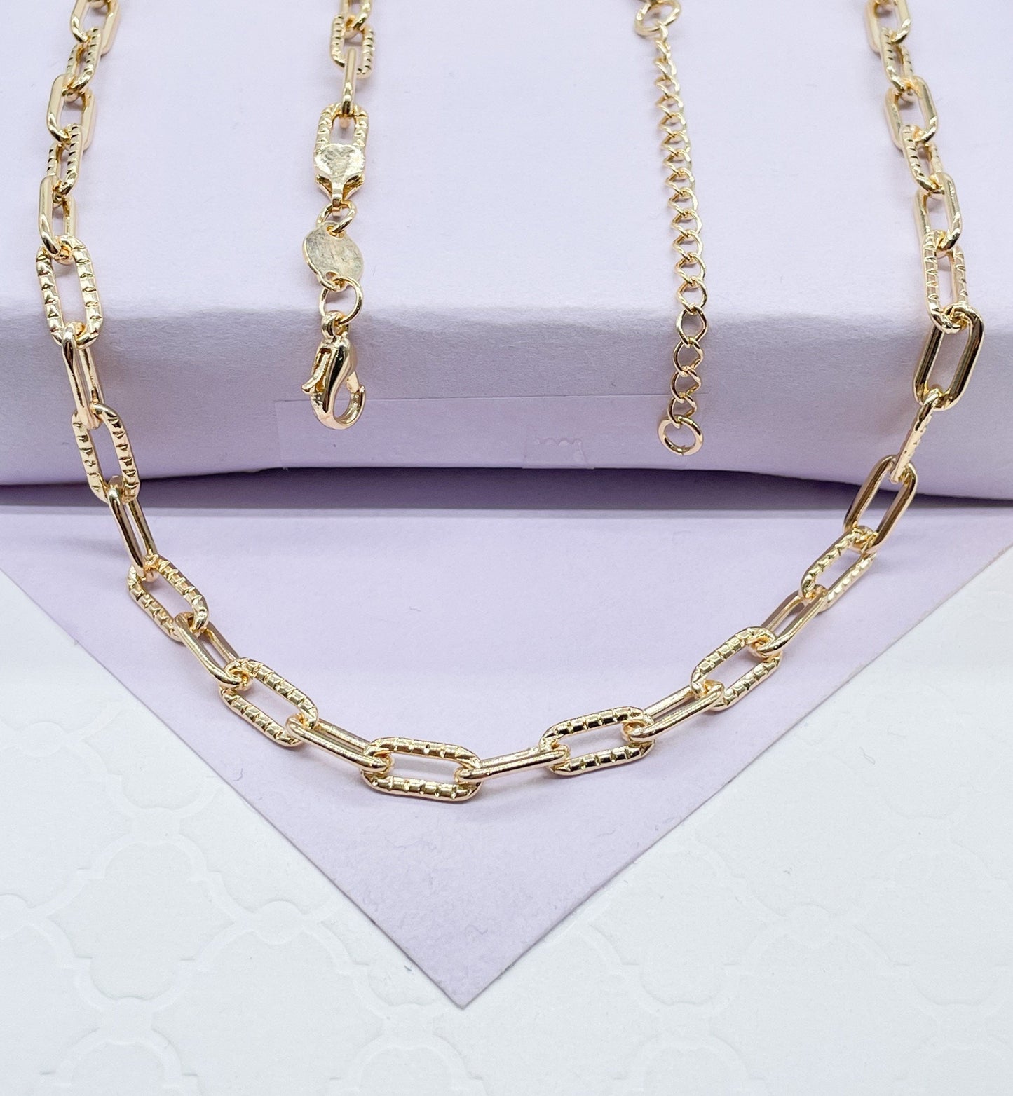18k Gold Filled Paper Clip Chain with Layered Score Patterns
