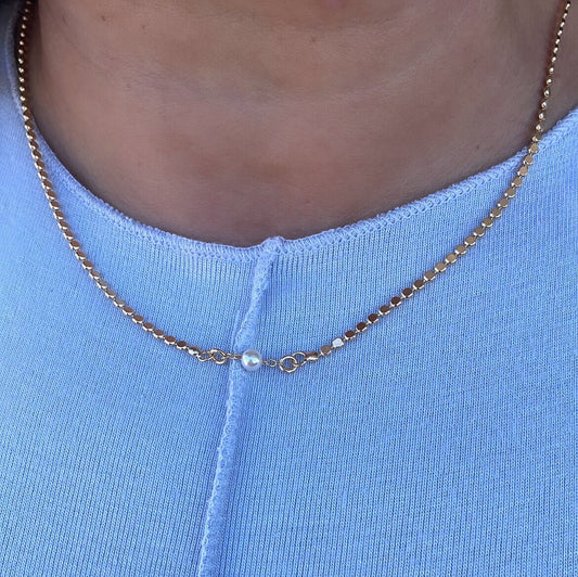 18k Gold Filled Flat Beaded Necklace With Pearl Ball In Center