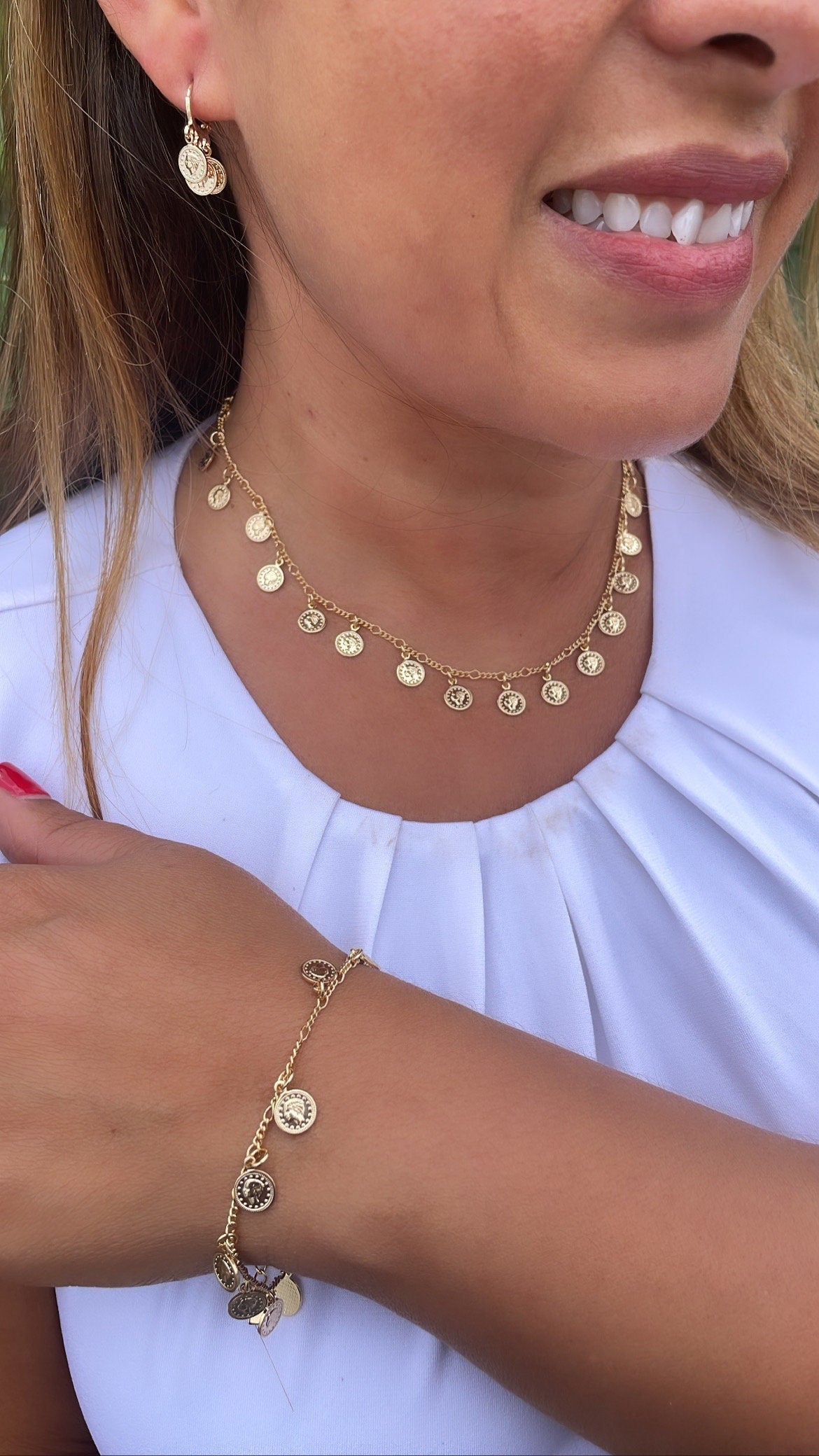 18k GoldFilled Charm Necklace And Bracelet Set With Mini Medallion Charms