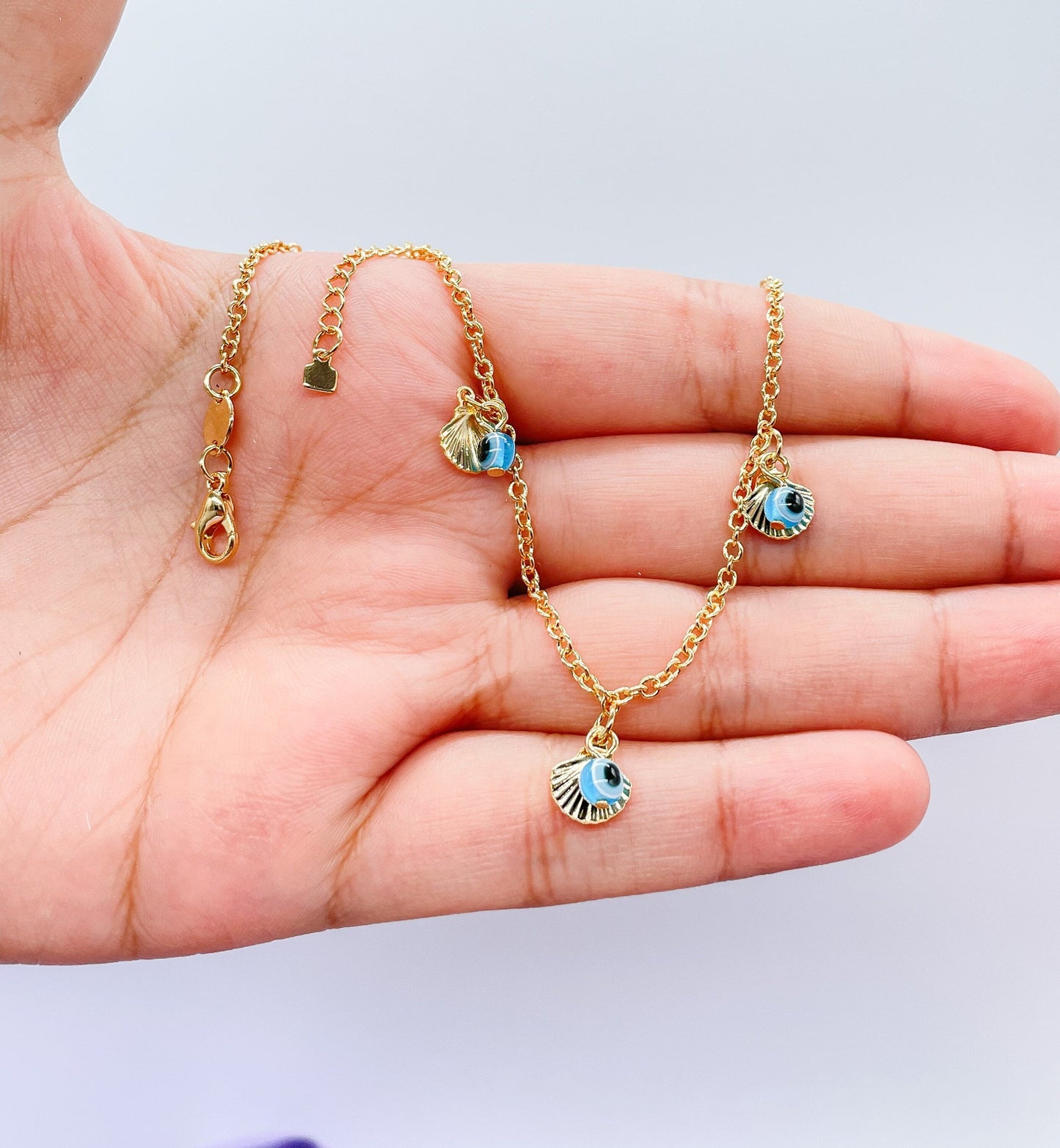 18k Gold Filled Rolo Link Charm Anklet With Evil Eye and Seashell Charms