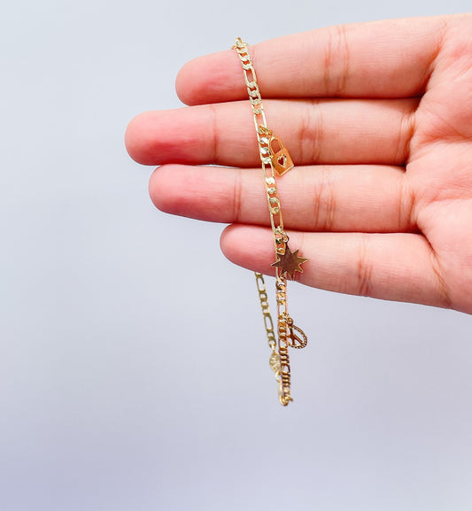18k Gold Filled Figaro Anklet With Multiple Positive and Love Charms