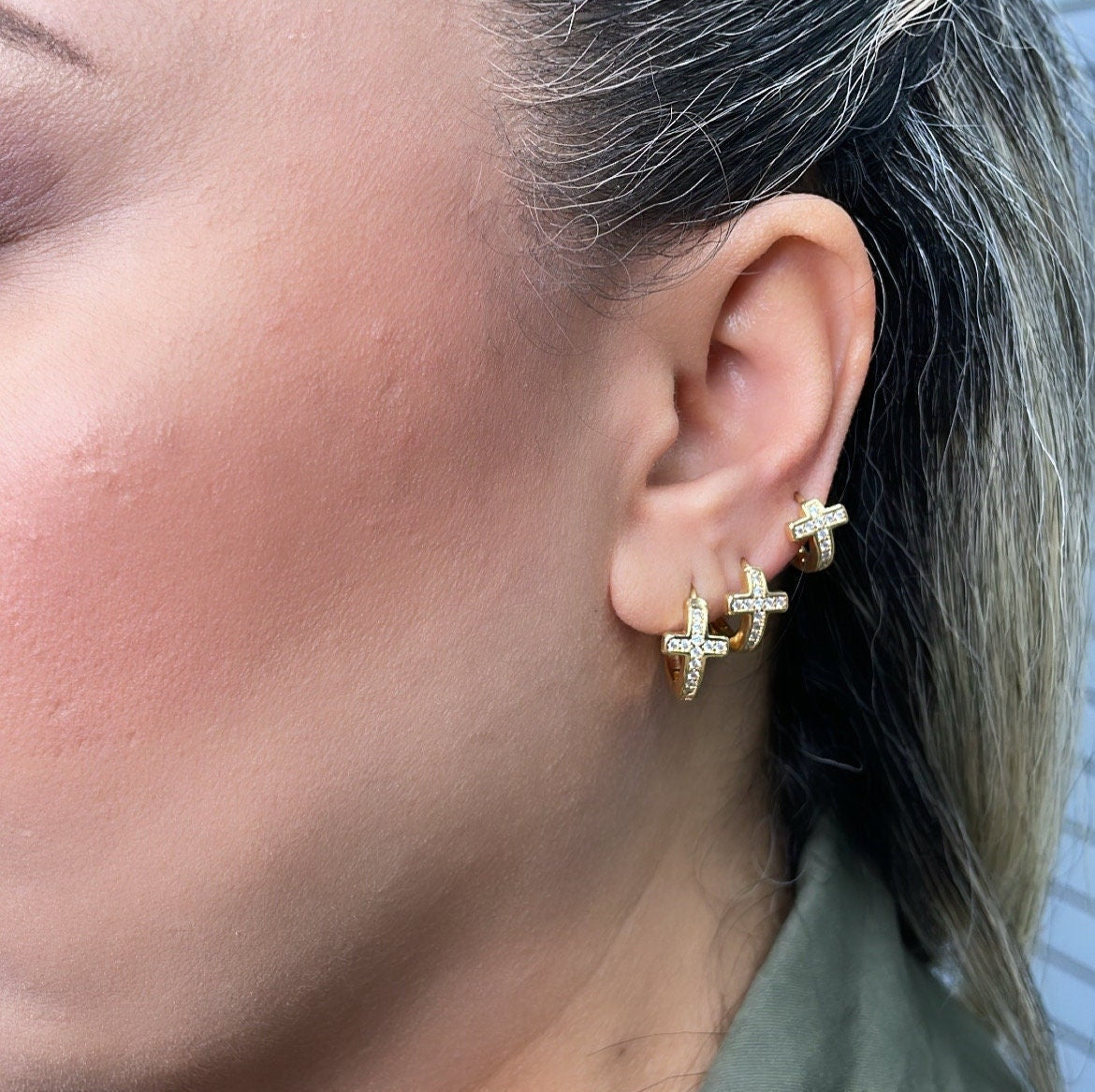 18k Gold Filled Trio Cross Huggie Earrings
